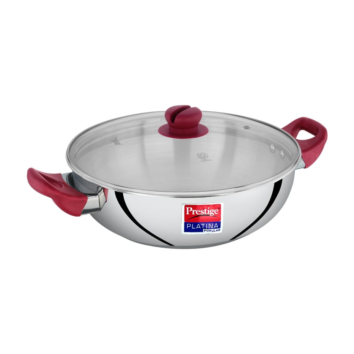 Prestige Platina Popular Stainless Steel Impact Forged Bottom Fry Pan 26cm (3 L), Silver + Prestige Platina Popular Stainless Steel Impact Forged Bottom Kadai with Glass Lid, 26cm (3.8 L), Silver