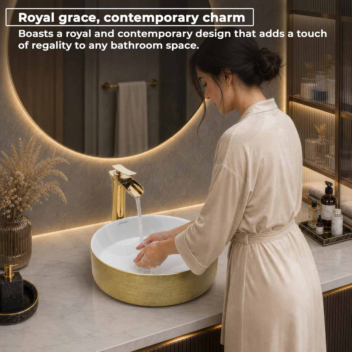 Plantex Ceramic Table Top Wash Basin/Small Washbasin for Bathroom/Countertop Vessel Sink Basin(Gold&White -14 x14x5 Inch)-4