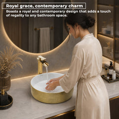 Plantex Ceramic Table Top Wash Basin/Small Washbasin for Bathroom/Countertop Vessel Sink Basin(Gold&White -14 x14x5 Inch)-4