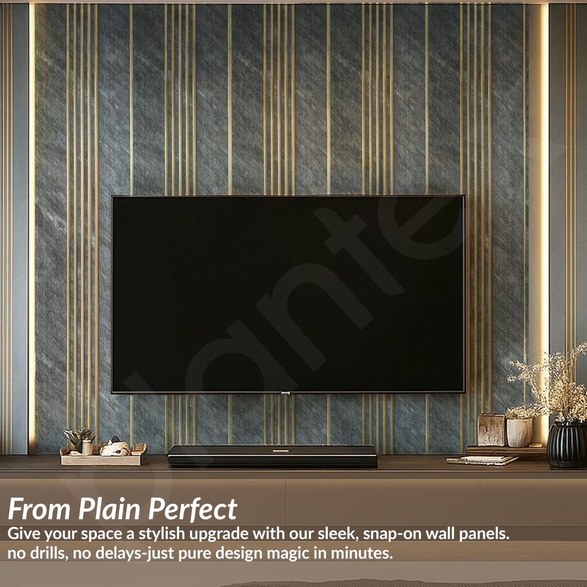 Plantex 3D Charcoal Wall Panels/Pack of 3 Louvers (1x8 Ft Each) /Decorative Panels for Interior Walls/24 Sq. Ft Coverage(WD-2209-Textured Grey & Gold), 2.45 Meters, 0.3 m-5