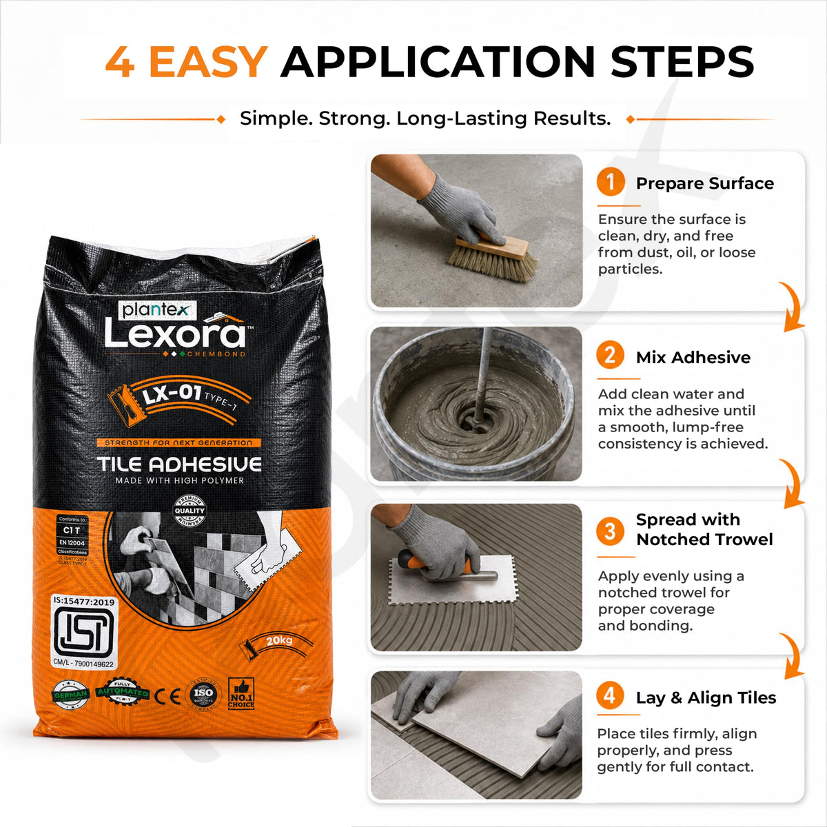 Plantex Lexora Tile Adhesive for Terracotta/Ceramic & Quarry Tiles/Polymer Modified Cement Adhesive for Floor & Wall Tiles Fixing/ Kitchen & Bathroom‚ Use - 20kg (LX-01, Grey)-4
