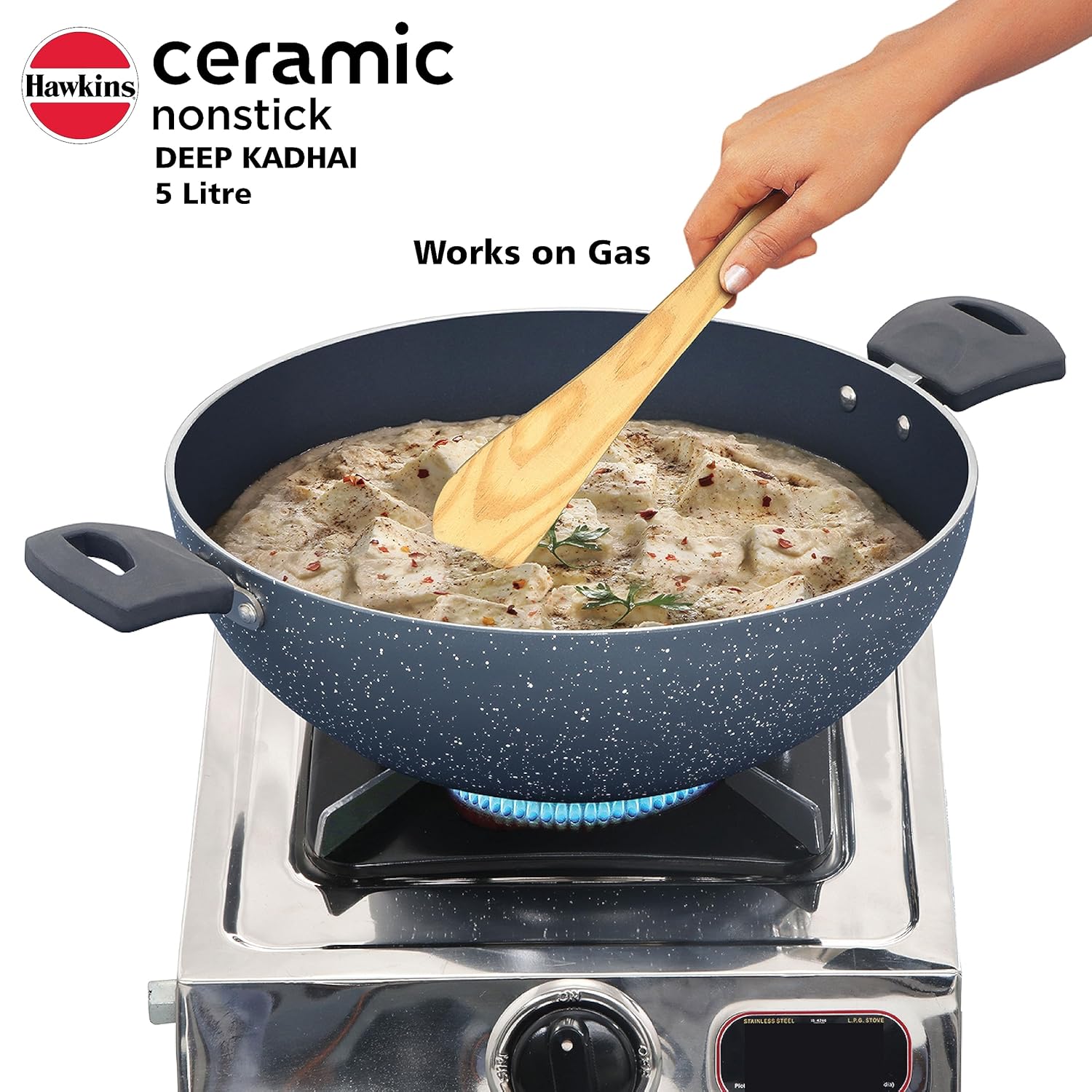 Hawkins Ceramic Nonstick 5 Litre Deep Kadhai, Induction Deep Fry Pan with Glass Lid, Granite Kadai (ICK50G)