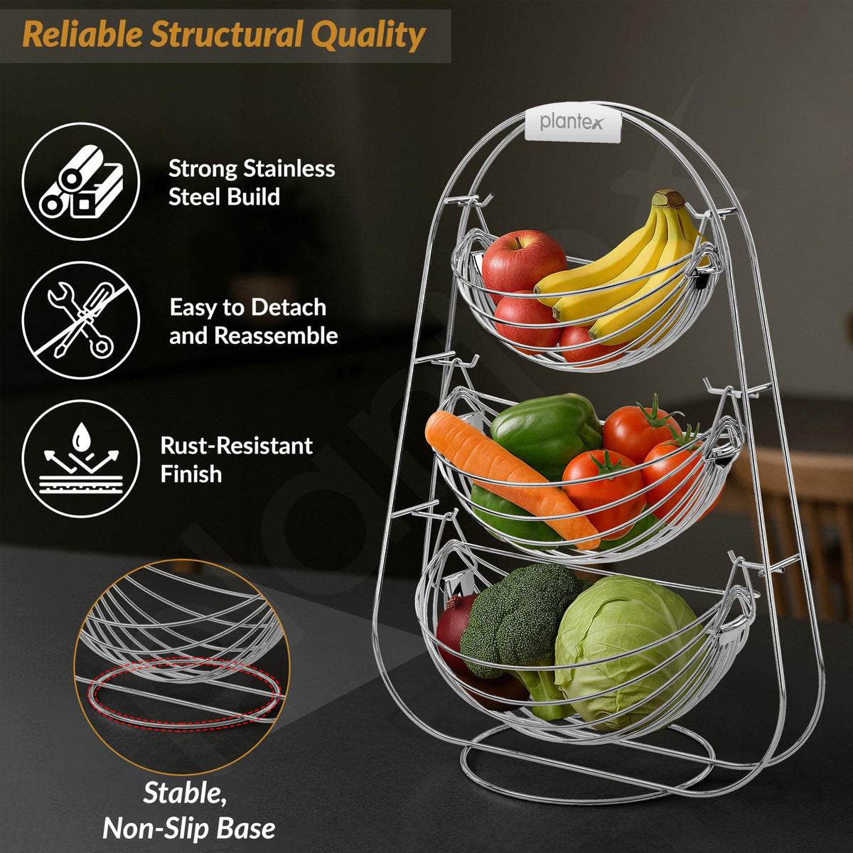 Plantex Stainless Steel Fruit Basket for Dining Table/3 Tier Swing Fruit Bowl/Vegetable Basket Stand/Onion Potato Rack for Kitchen-2