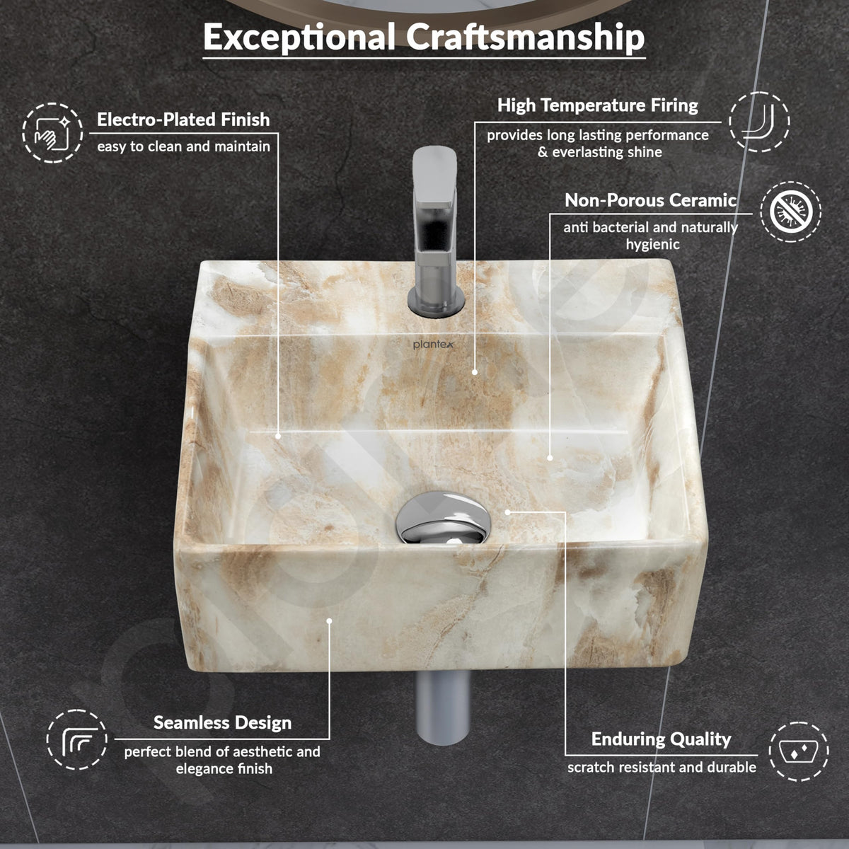 Plantex Ceramic Wash Basin for Bathroom/Square Wall Hung Basin/Bathroom Sink/Washbasin for Restaurant/Hotel (13 x 12 x 5 Inch)-5