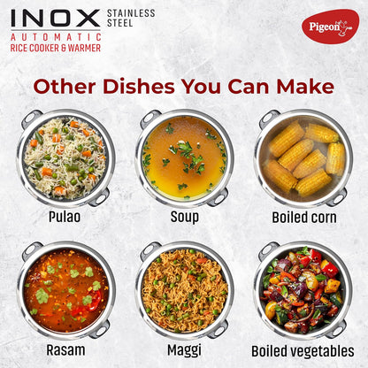 Pigeon Inox Rice Cooker with Single pot, 1.8 litres | Stainless Steel Lid | 700 Watts | 1 Steel Cooking Pot | Measuring Cup | Spatula | Energy Efficient Cooking