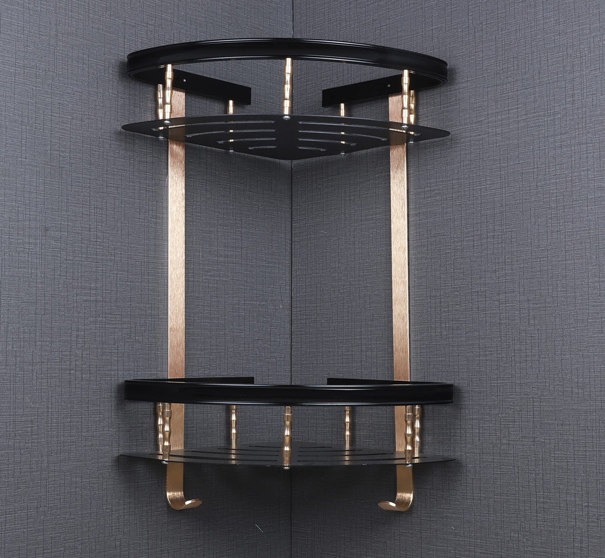 Plantex Space Aluminium Double Tier Corner Storage Shelf for Bathroom/Kitchen - Wall Mount (Stainless Steel Finish,Gold & Black)-3