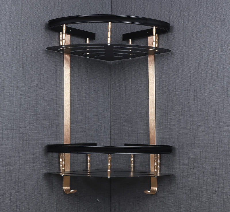 Plantex Space Aluminium Double Tier Corner Storage Shelf for Bathroom/Kitchen - Wall Mount (Stainless Steel Finish,Gold & Black)-3