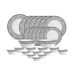La Opala Diva Sovrana Collection Opal Glass Crockery | for Family of 6 | Dinner Set 27 pcs Persian Silver | Plates & Bowls for Dining | Microwave Safe | 100% Vegetarian | Extra Strong | Light & White