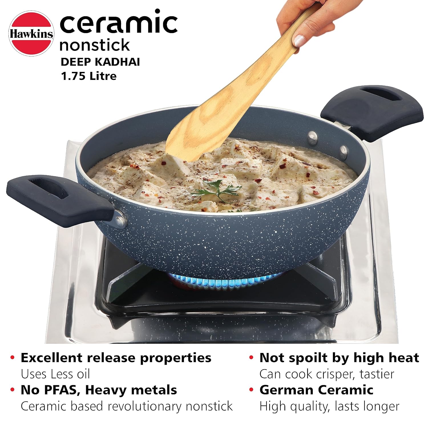 Hawkins Ceramic Nonstick 1.75 Litre Deep Kadhai, Induction Deep Fry Pan with Glass Lid, Granite Kadai (ICK175G)