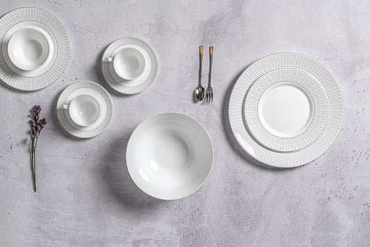 La Opala Diva Velvett Collection Opal Glass Crockery | for Family of 8 | Dinner Set 62 pcs Stella Grey | Plates & Bowls for Dining | Microwave Safe | 100% Vegetarian | Extra Strong | Light & White