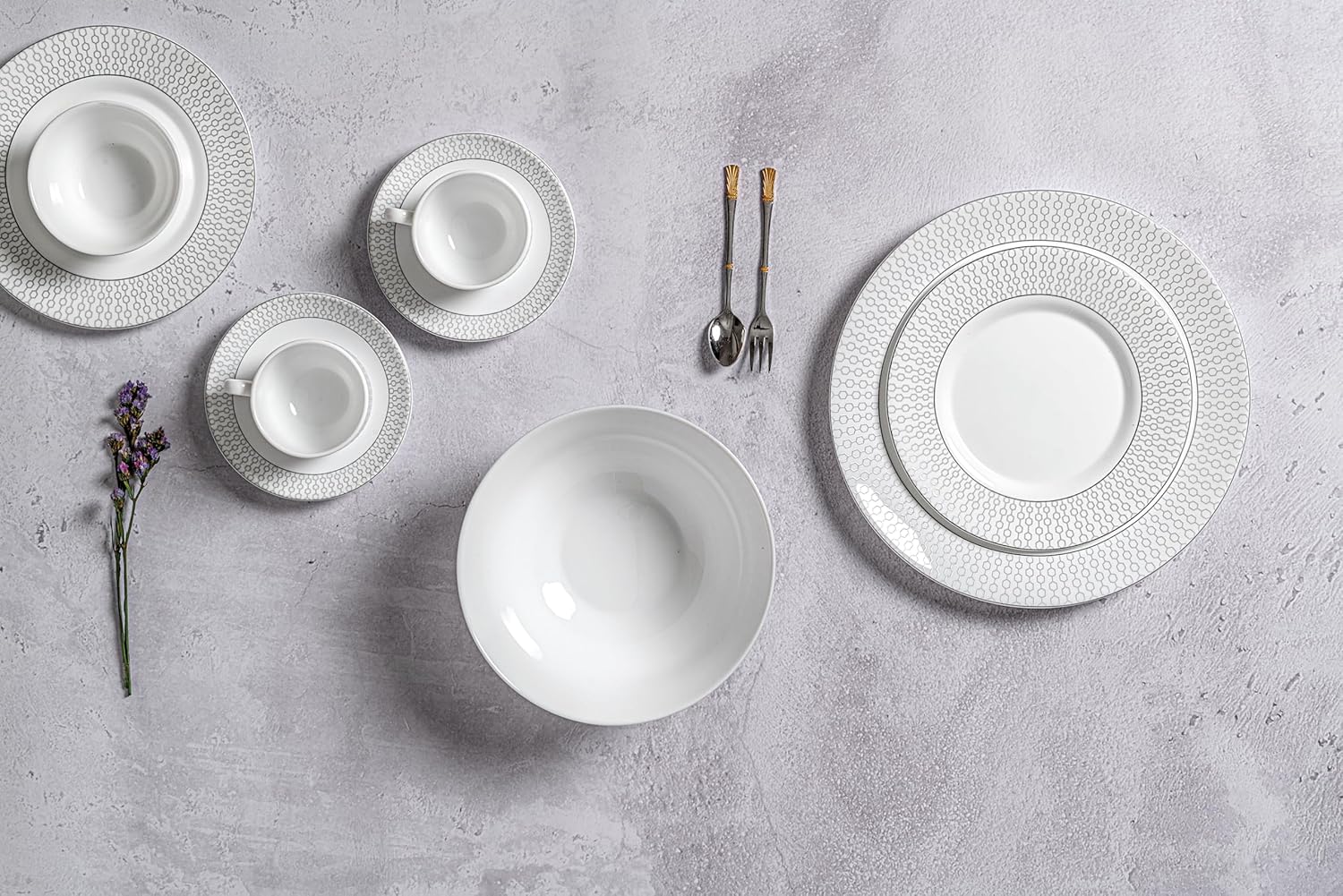 La Opala Diva Velvett Collection Opal Glass Crockery | for Family of 8 | Dinner Set 45 pcs Stella Grey | Plates & Bowls for Dining | Microwave Safe | 100% Vegetarian | Extra Strong | Light & White