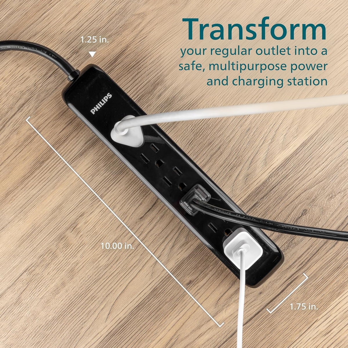 Philips 6 Outlet Surge Protector, 10 ft Extension Cord, Strip 1080 Joules, Flat Plug, Wall Mounted (SPP6110BC/37)