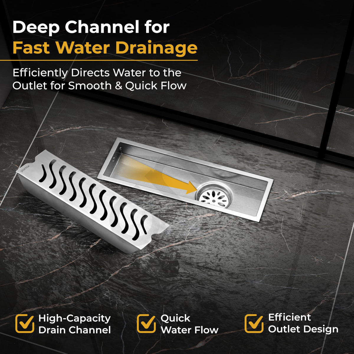 Plantex 304 Grade Stainless Steel Shower Water Drain Channel/12x4 Inch Floor Drain/Drainage Cover/Floor Drain Cover with Removable Grate - (Wave, Chrome)-4