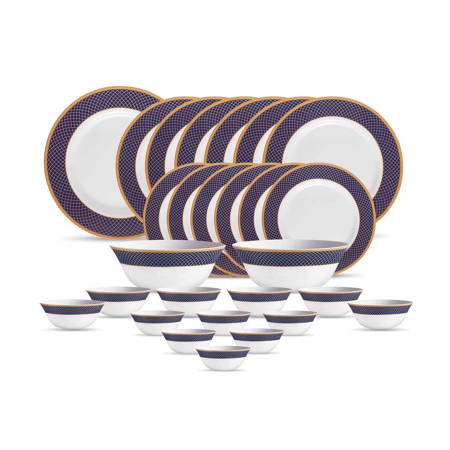 La Opala Diva Sovrana Collection Opal Glass Crockery | for Family of 6 | Dinner Set 27 pcs Regent Blue | Plates & Bowls for Dining | Microwave Safe | 100% Vegetarian | Extra Strong | Light & White