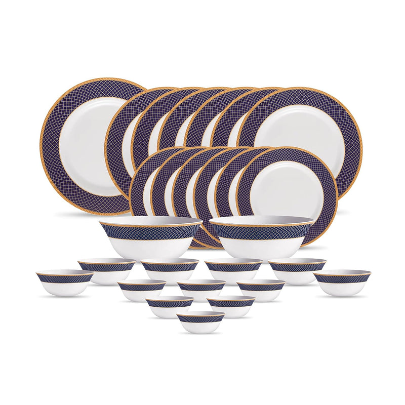 La Opala Diva Sovrana Collection Opal Glass Crockery | for Family of 6 | Dinner Set 27 pcs Regent Blue | Plates & Bowls for Dining | Microwave Safe | 100% Vegetarian | Extra Strong | Light & White
