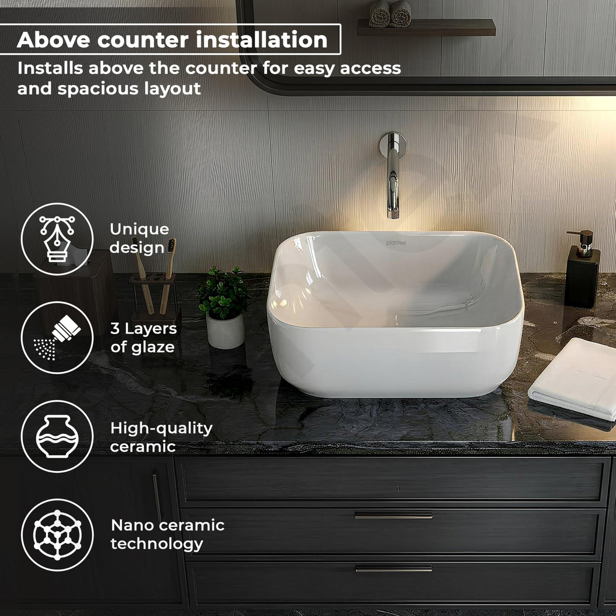 Plantex Ceramic Wash Basin for Bathroom/Table Top Washbasin with 10 Years Glaze Warranty by Plantex/Counter Top Basin/Basin for Restaurant/Hotel (Glossy White - 16 x 12 x 5.5 inch)-2