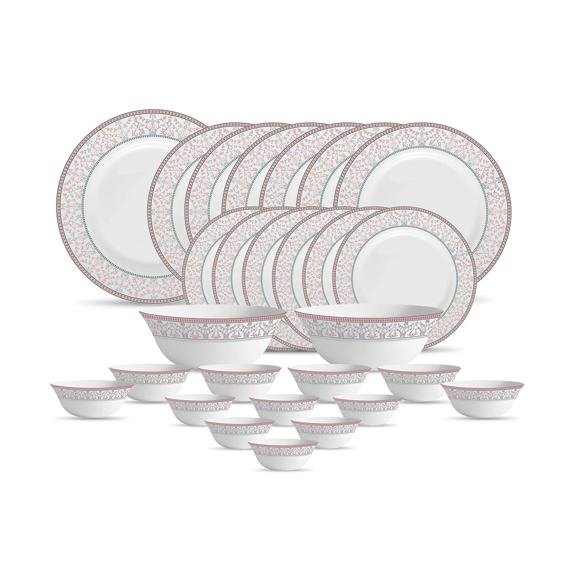 La Opala Diva Sovrana Collection Opal Glass Crockery | for Family of 6 | Dinner Set 27 pcs Persian Silver | Plates & Bowls for Dining | Microwave Safe | 100% Vegetarian | Extra Strong | Light & White