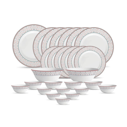 La Opala Diva Sovrana Collection Opal Glass Crockery | for Family of 6 | Dinner Set 27 pcs Persian Silver | Plates & Bowls for Dining | Microwave Safe | 100% Vegetarian | Extra Strong | Light & White