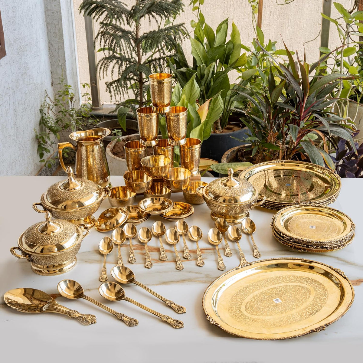 Brass Embossed Design Dinner Set Of 51 pieces
