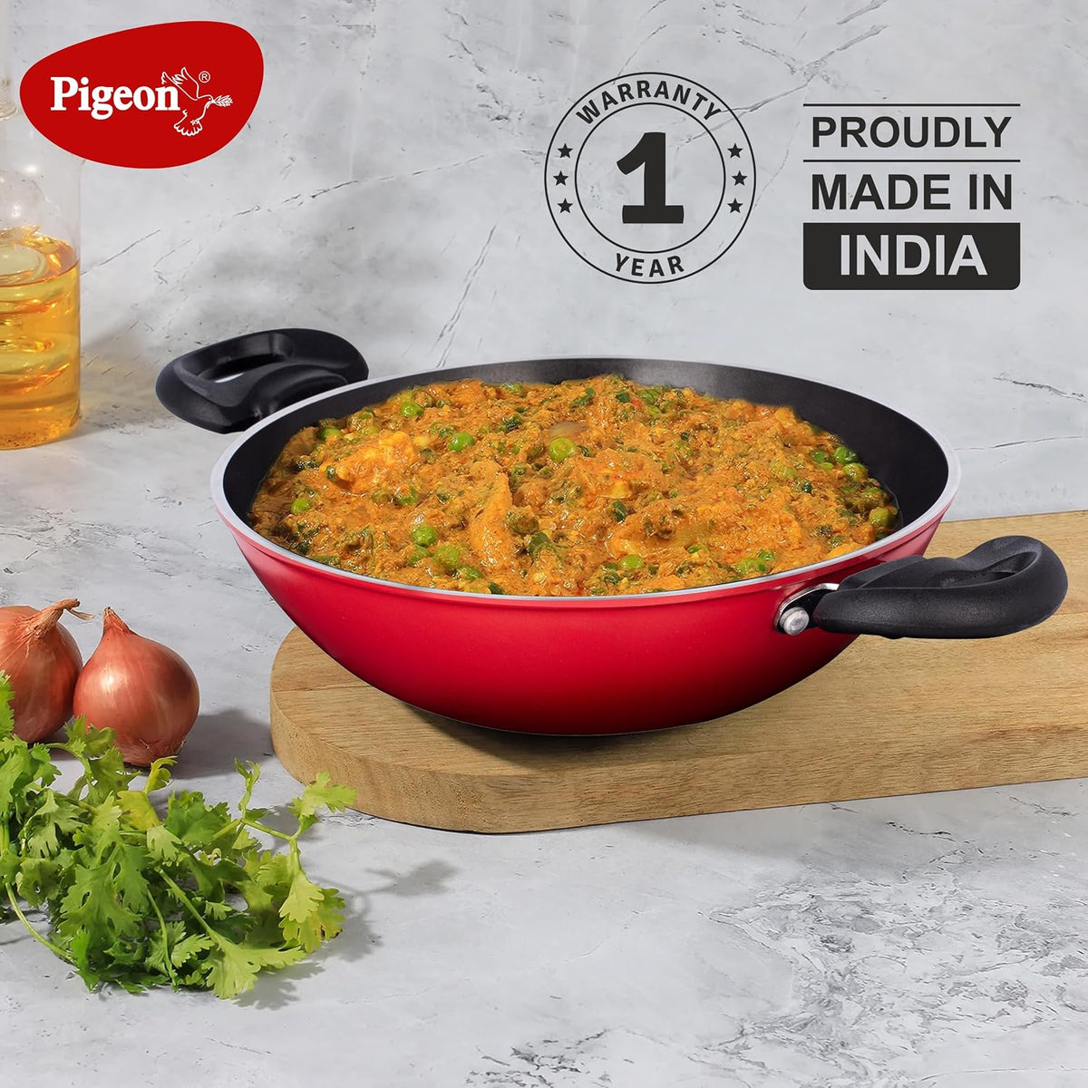 Pigeon by Stovekraft Basics Aluminium Non Stick, Non Induction Base Kadai with Glass Lid, 24CM/2.2 Liters, Red