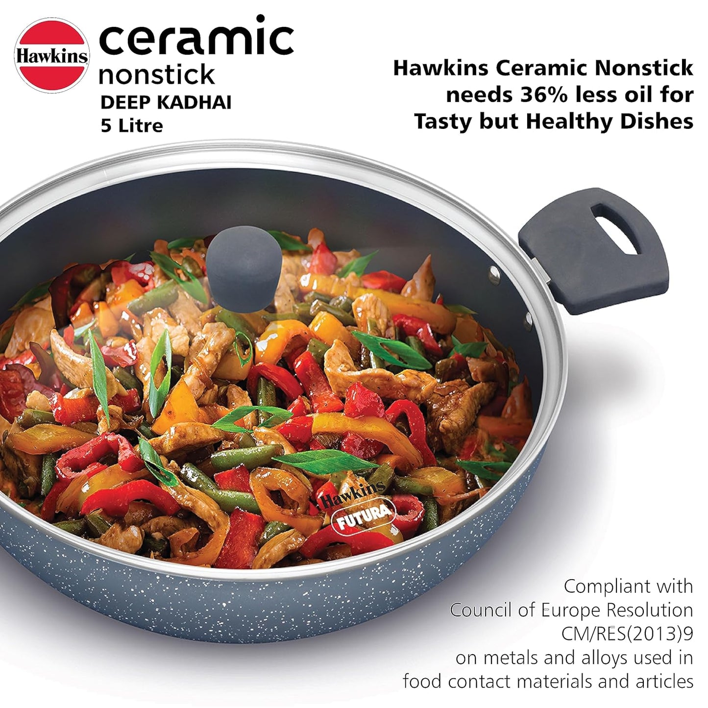 Hawkins Ceramic Nonstick 5 Litre Deep Kadhai, Induction Deep Fry Pan with Glass Lid, Granite Kadai (ICK50G)