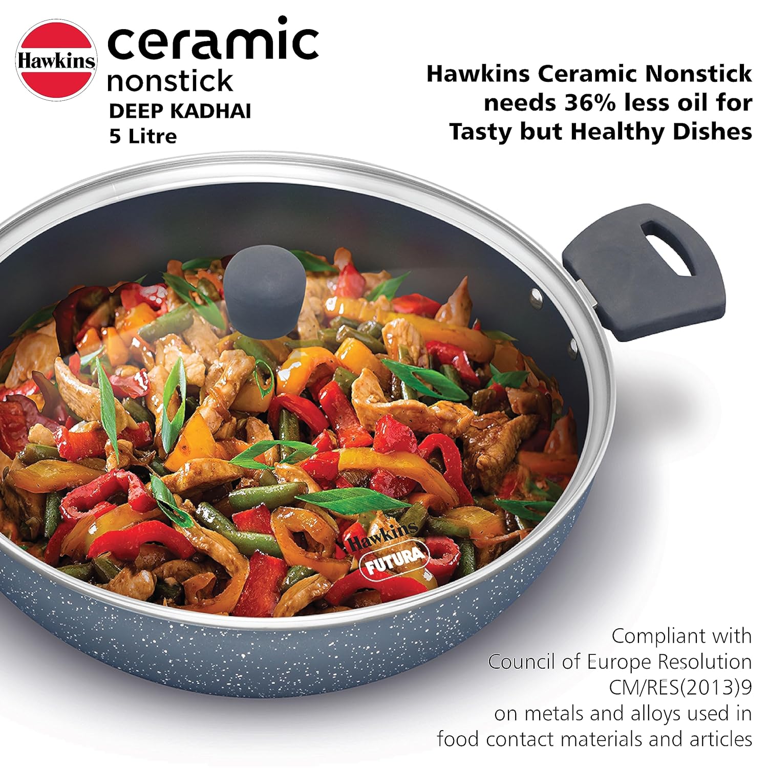 Hawkins Ceramic Nonstick 5 Litre Deep Kadhai, Induction Deep Fry Pan with Glass Lid, Granite Kadai (ICK50G)