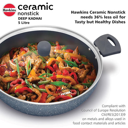 Hawkins Ceramic Nonstick 5 Litre Deep Kadhai, Induction Deep Fry Pan with Glass Lid, Granite Kadai (ICK50G)