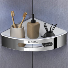 Plantex Corner Shelf for Bathroom Wall / 304 Grade Stainless Steel Bathroom Corner Rack/Bathroom Organizer/Kitchen Side Corner Shelf/Kitchen Shelf -(Silver and White, 9x9 inches)-4