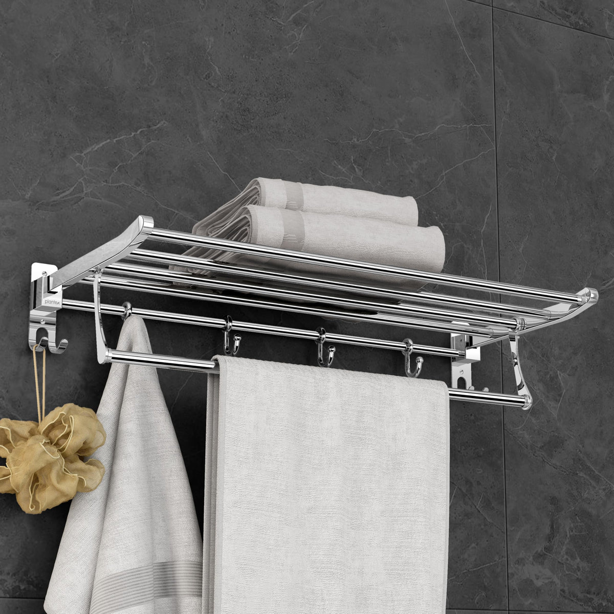 Plantex Eco Stainless Steel Folding Towel Rack/Towel Hanger for Bathroom/Wall Mounted Towel Rack/Bathroom Accessories Set(24-inch) Chrome-1
