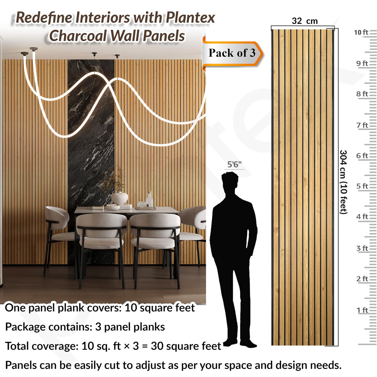 Plantex PVC 3D Fluted Wall Panels for Interior Decor/Louvers Wall Panel 10 Feet/Eco-Friendly PVC Panels/Pack of 3 Covers 30 Sq. Ft (Golden Oak - 9G)-2
