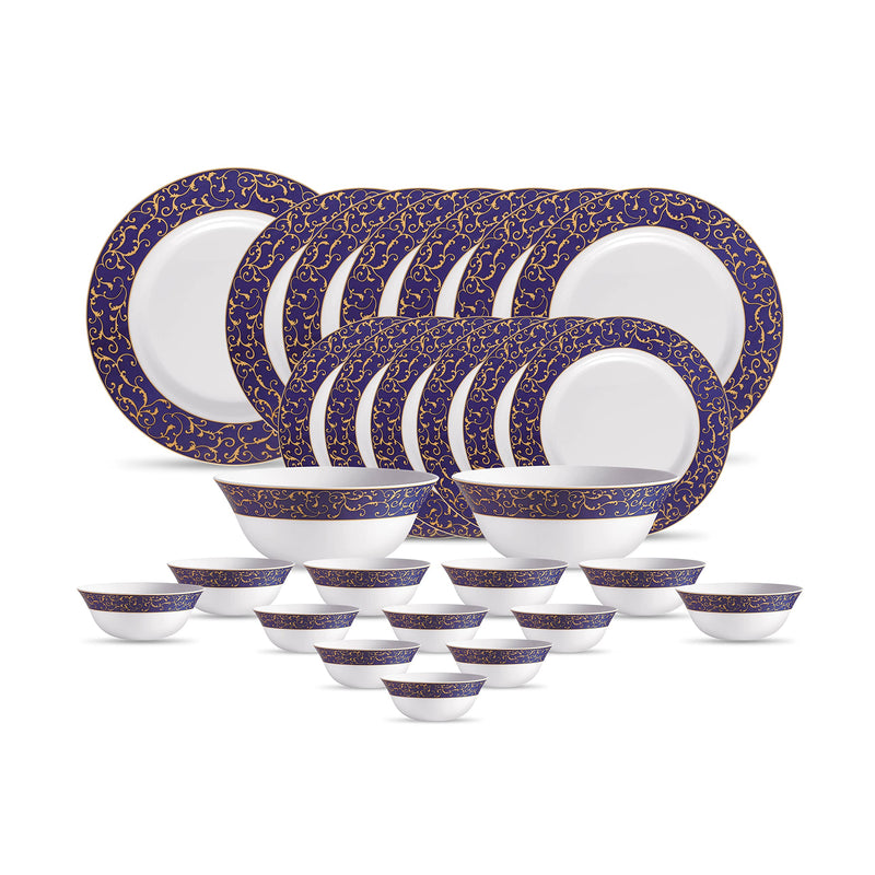 La Opala Diva Sovrana Collection Opal Glass Crockery | for Family of 6 | Dinner Set 27 pcs Regent Blue | Plates & Bowls for Dining | Microwave Safe | 100% Vegetarian | Extra Strong | Light & White