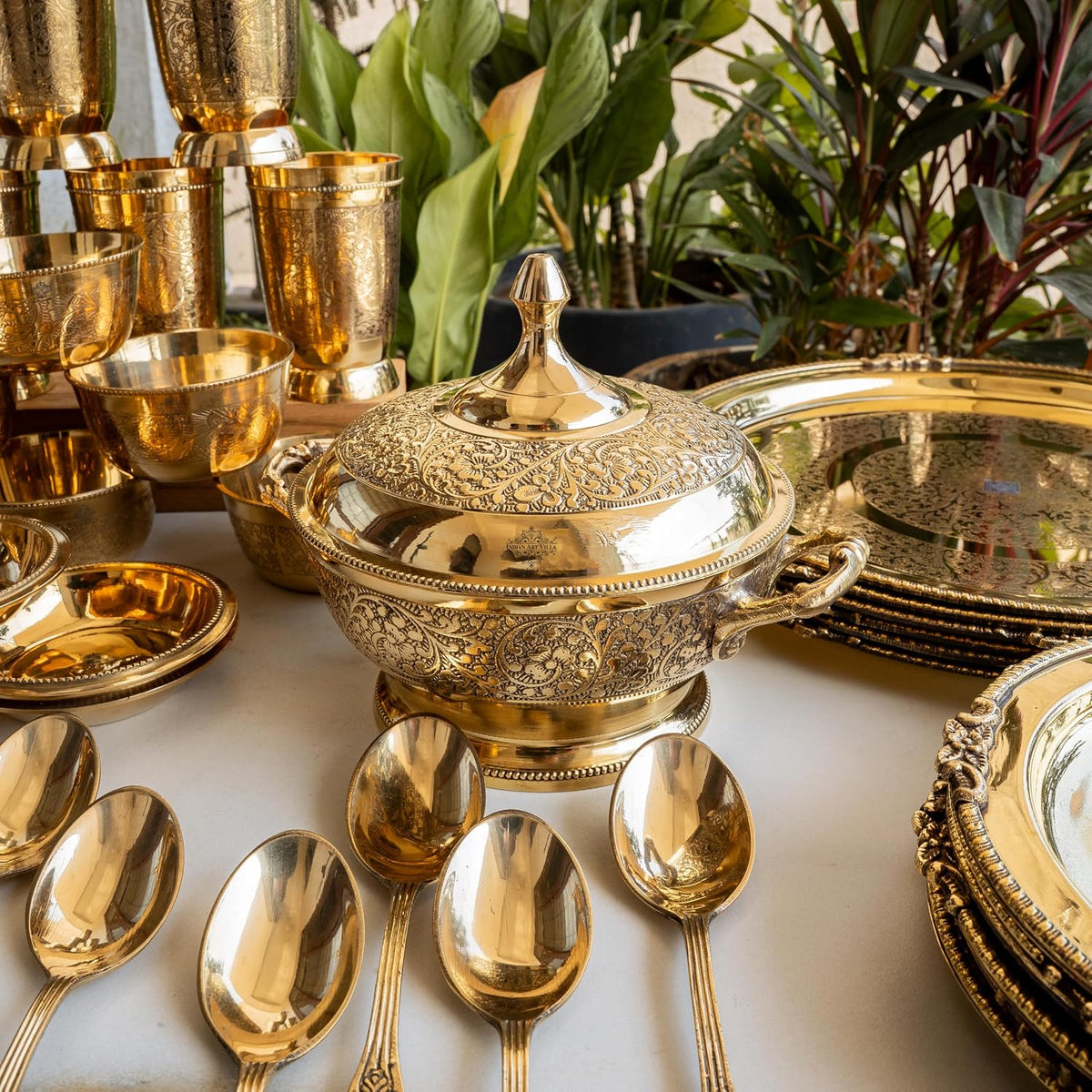 Brass Embossed Design Dinner Set Of 51 pieces