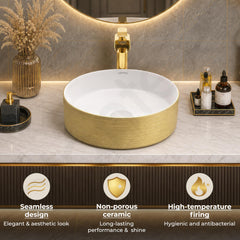 Plantex Ceramic Table Top Wash Basin/Small Washbasin for Bathroom/Countertop Vessel Sink Basin(Gold&White -14 x14x5 Inch)-6