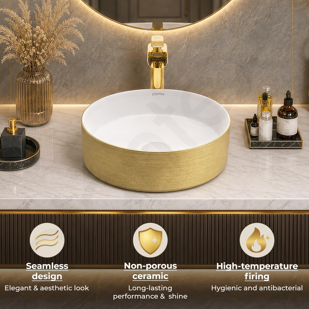 Plantex Ceramic Table Top Wash Basin/Small Washbasin for Bathroom/Countertop Vessel Sink Basin(Gold&White -14 x14x5 Inch)-6