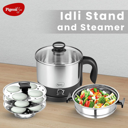 Pigeon By Stovekraft 1.5 Liters Multipurpose Kessel 3 In 1 Value Pack, Multi Cooker, Idli Stand With 3 Plates, Steamer With Stainless Steel Stand (Black & Silver), 600 Watts