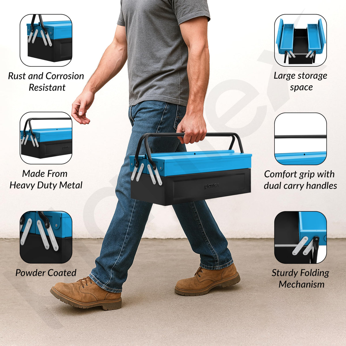 Plantex 18 Inch Metal Tool Box/Empty Tool Kit Box With Large Capacity & Strong Handle/3 Layer Compartment Tools Box for Home Use/Tool Organizer for Essential Tools - (Blue & Black)-2