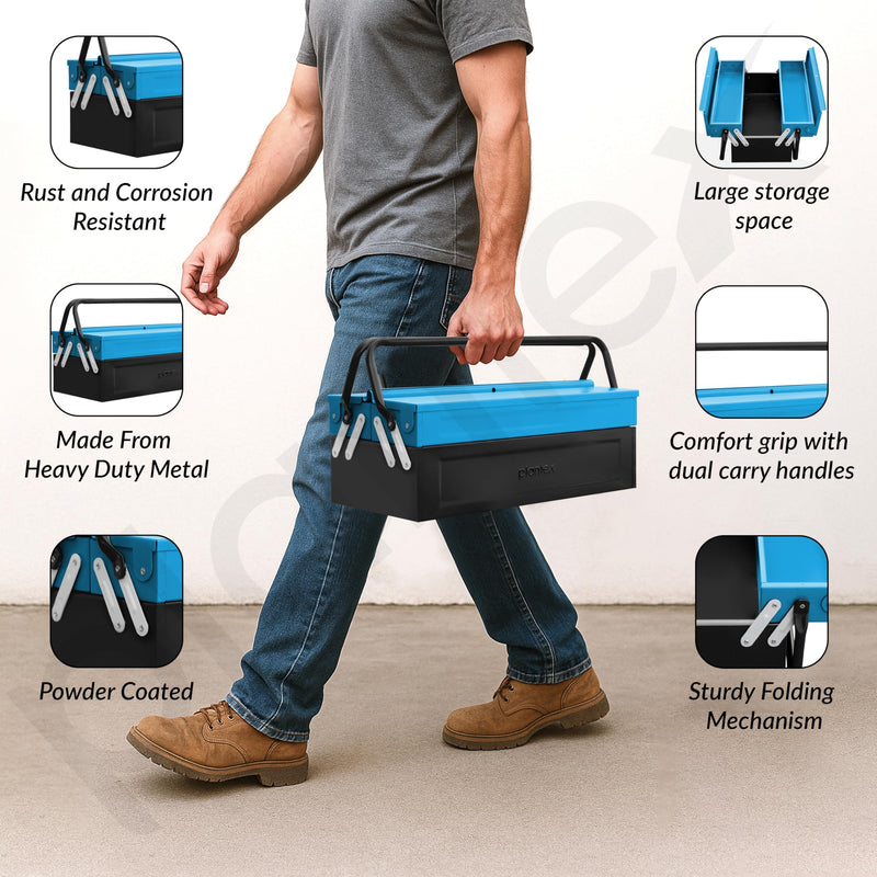 Plantex 18 Inch Metal Tool Box/Empty Tool Kit Box With Large Capacity & Strong Handle/3 Layer Compartment Tools Box for Home Use/Tool Organizer for Essential Tools - (Blue & Black)-2