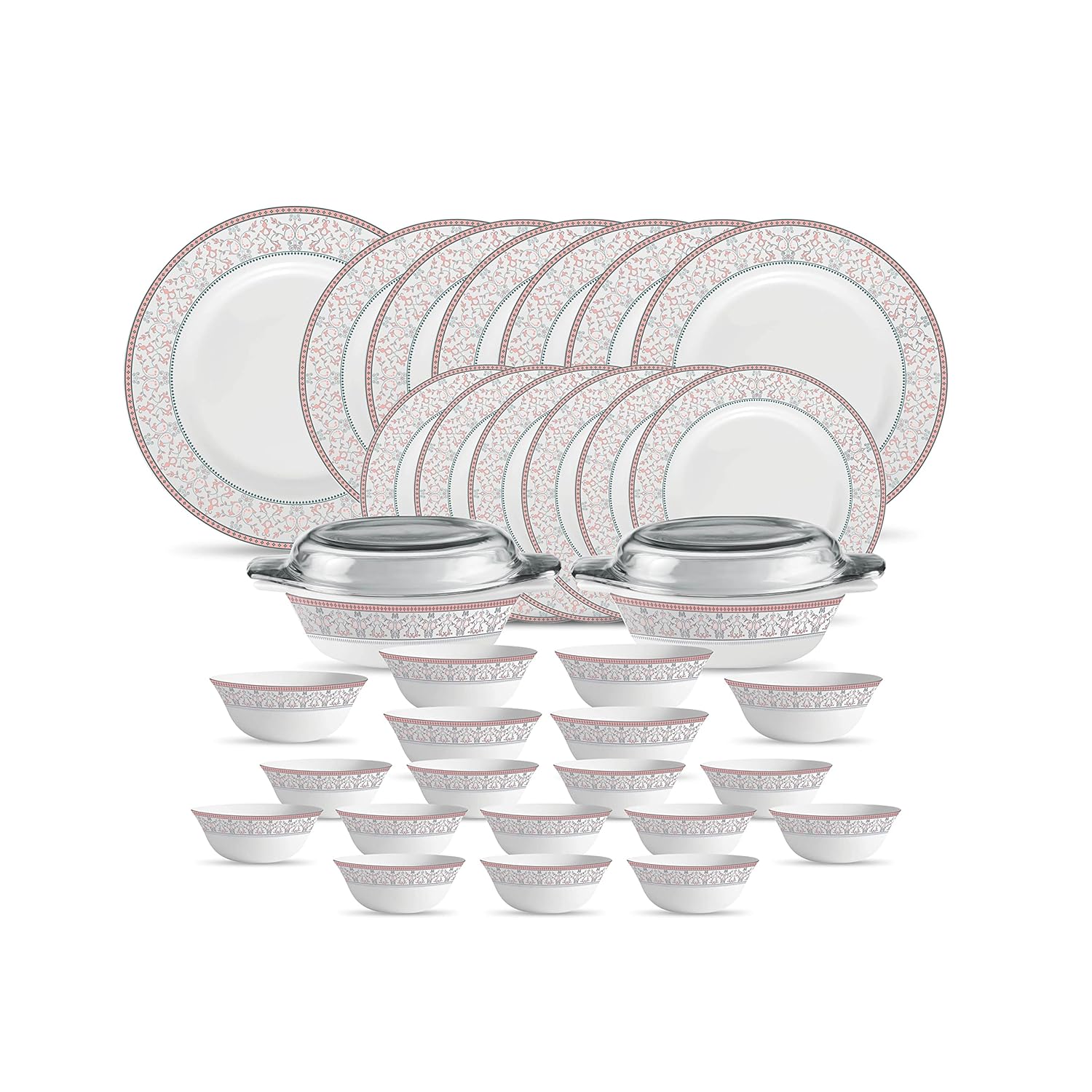 La Opala Diva Sovrana Collection Opal Glass Crockery | for Family of 6 | Dinner Set 35 pcs Moroccan Pink | Plates & Bowls for Dining | Microwave Safe | 100% Vegetarian | Extra Strong | Light & White