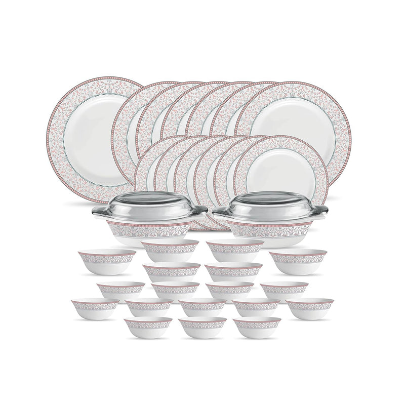 La Opala Diva Sovrana Collection Opal Glass Crockery | for Family of 6 | Dinner Set 35 pcs Moroccan Pink | Plates & Bowls for Dining | Microwave Safe | 100% Vegetarian | Extra Strong | Light & White