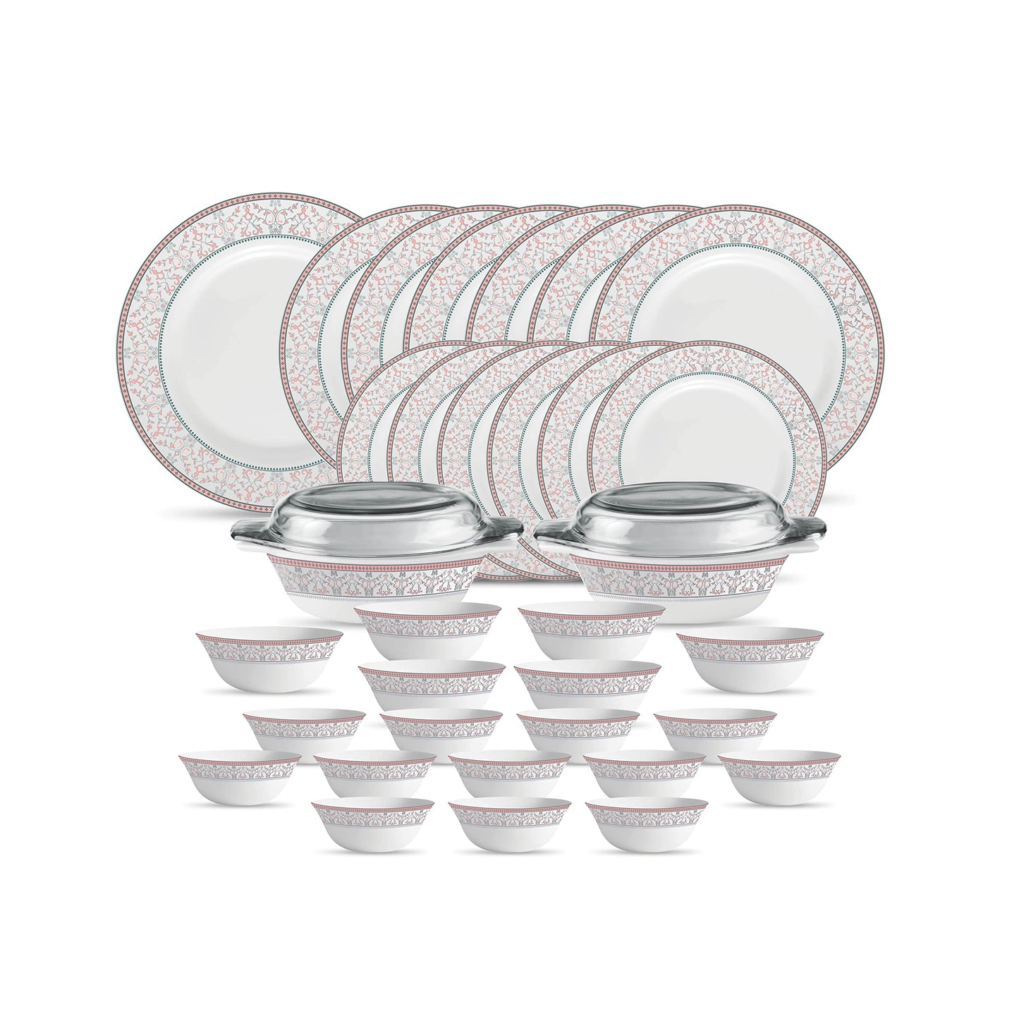 La Opala Diva Sovrana Collection Opal Glass Crockery | For Family of 6 | Dinner Set 35 pcs Moroccan Gold | Plates & Bowls for Dining | Microwave Safe | 100% Vegetarian | Extra Strong | Light & White