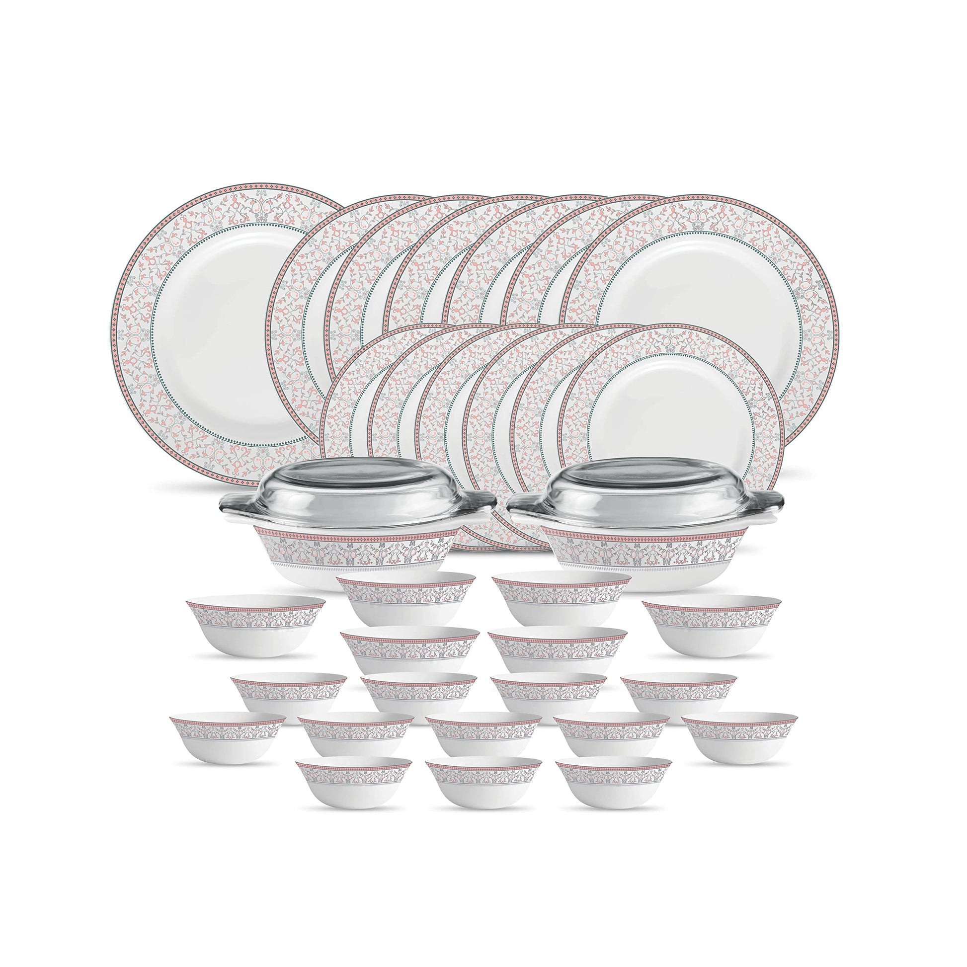 La Opala Diva Sovrana Collection Opal Glass Crockery | for Family of 6 | Dinner Set 35 pcs Persian Grey | Plates & Bowls for Dining | Microwave Safe | 100% Vegetarian | Extra Strong | Light & White