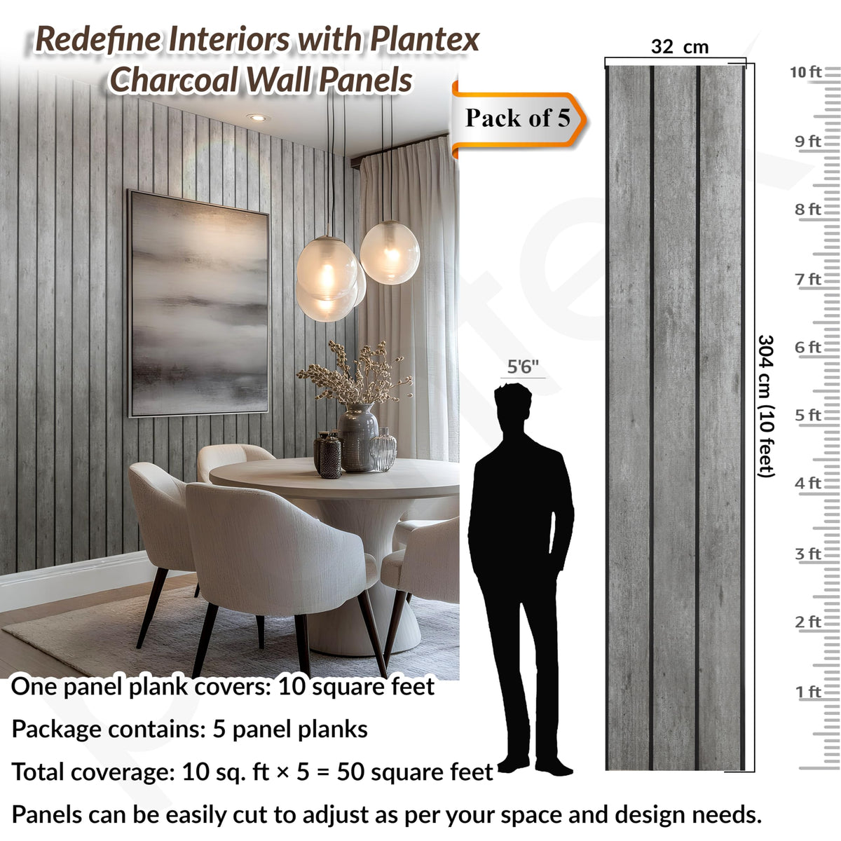 Plantex 3D PVC Louvers Panel for Wall Decor/Fluted Wall Panel 10 Feet/Eco-Friendly PVC Panels for Home & Office Interiors/Pack of 5 Covers 50 Sq. Ft (IMineral Grey)-2
