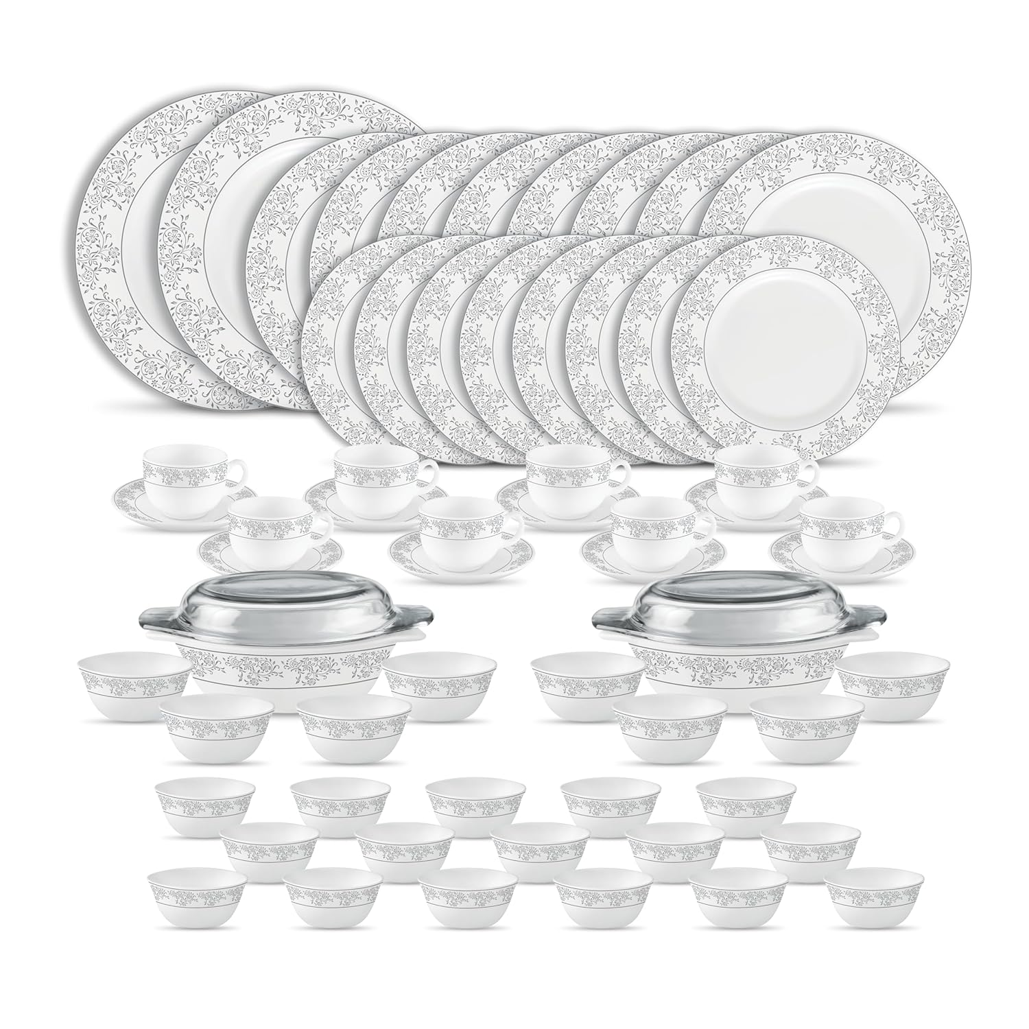 La Opala Diva Velvett Collection Opal Glass Crockery | for Family of 8 | Dinner Set 62 pcs Aria Grey | Plates & Bowls for Dining | Microwave Safe | 100% Vegetarian | Extra Strong | Light & White