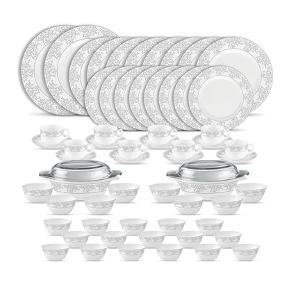 La Opala Diva Velvett Collection Opal Glass Crockery | for Family of 8 | Dinner Set 62 pcs Aria Grey | Plates & Bowls for Dining | Microwave Safe | 100% Vegetarian | Extra Strong | Light & White
