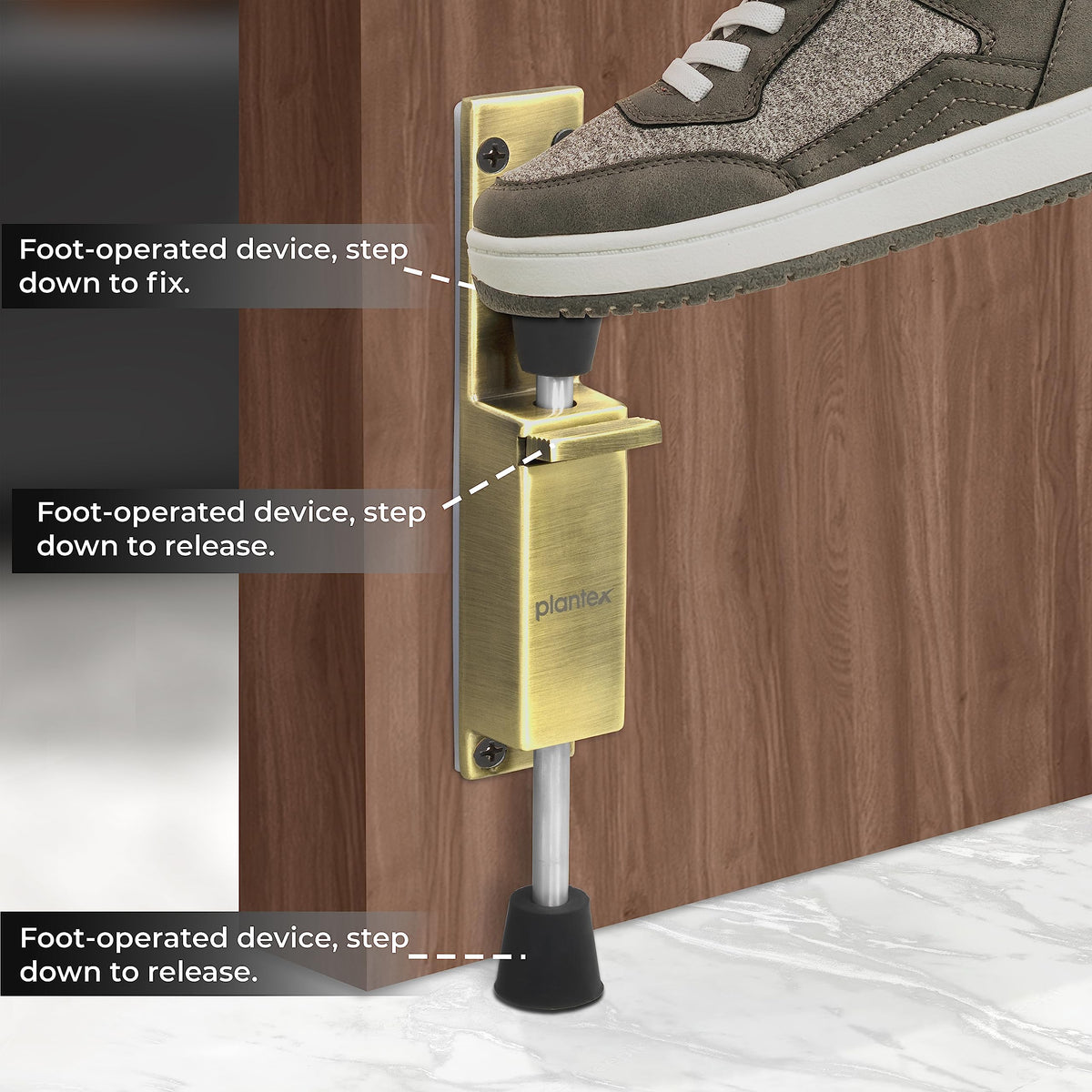 Plantex Kickdown Door Stopper Spring Loaded Telescopic Step On/Off Door Stopper Rubber, Adjustable Heavy Duty Door Locks Holder Stops/Release by Foot/Door Stop - (Brass Antique)-4