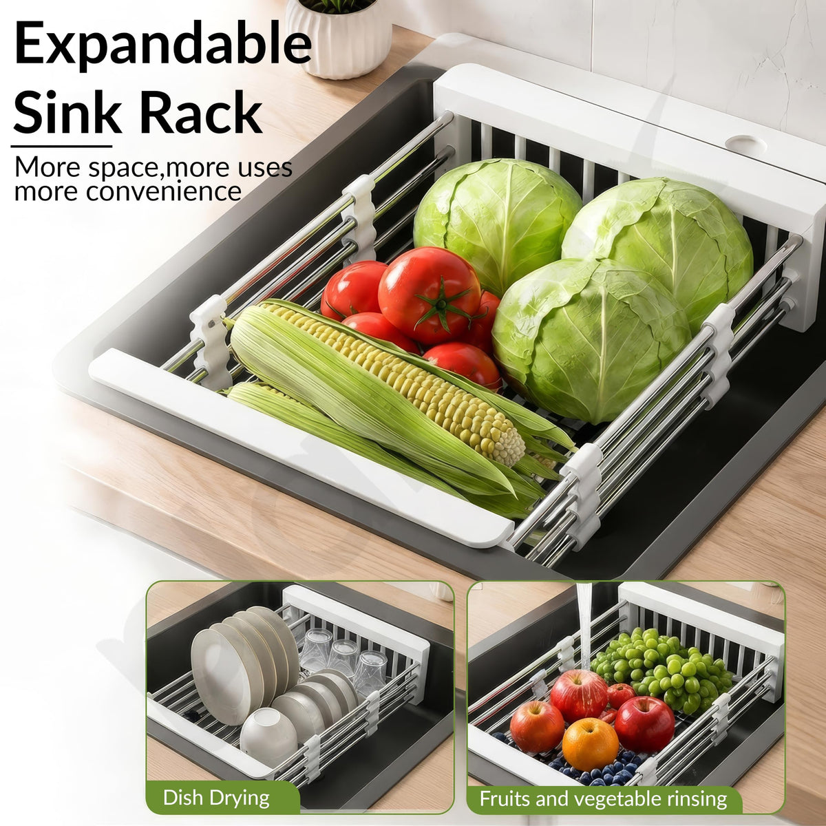 Plantex Sink Strainer Basket/Stainless Steel & ABS Plastic Vegetable Washing Sink Strainer/Kitchen Storage Rack Stand- Pack of 1 (White)-5