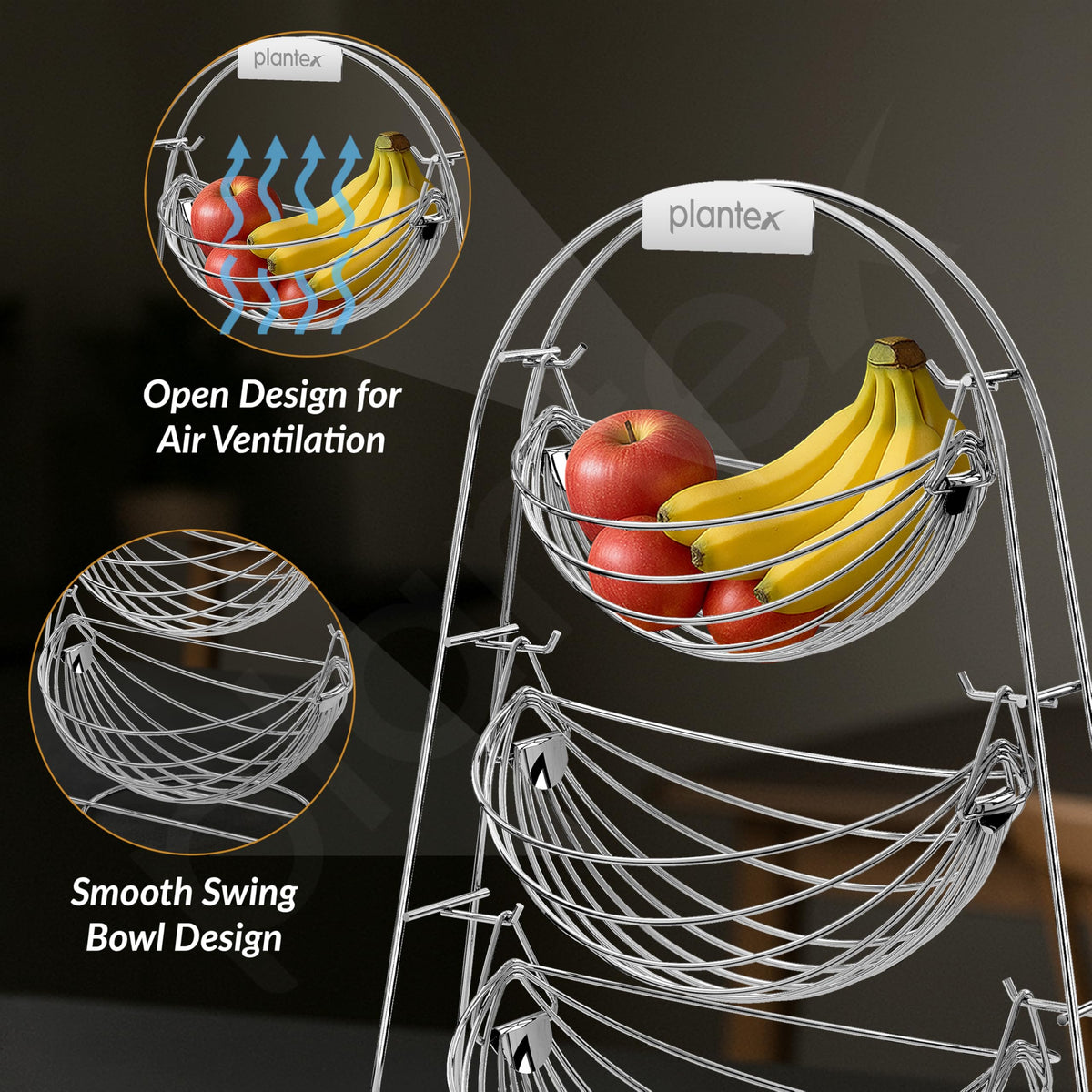 Plantex Stainless Steel Fruit Basket for Dining Table/3 Tier Swing Fruit Bowl/Vegetable Basket Stand/Onion Potato Rack for Kitchen-3