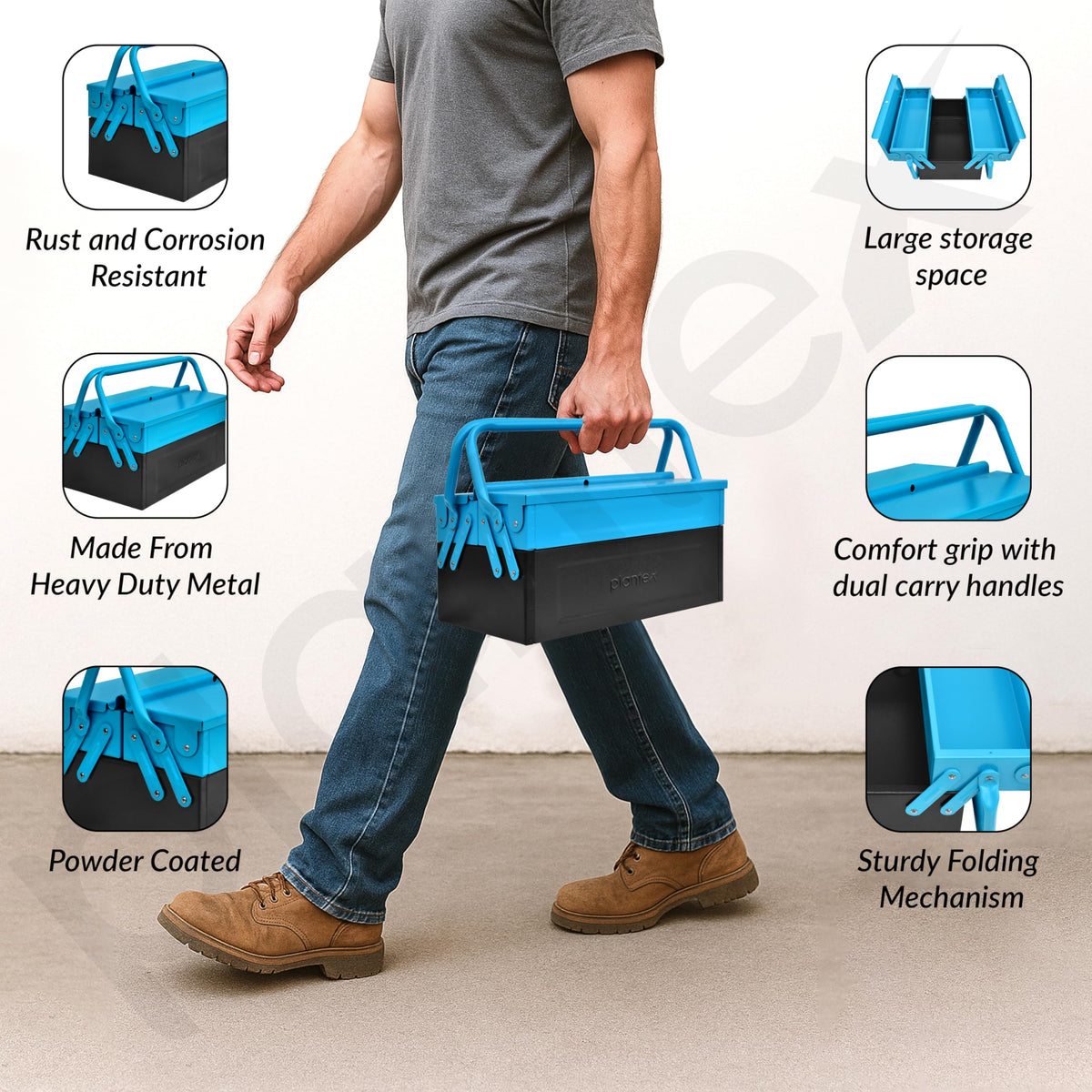 Plantex Metal Tool Box for Home Use/3 Cabinet Empty Tool Kit Box/Tools Box/Tool Organizer for Essential Tools With Large Capacity & Strong Handle - (Blue & Black)-2