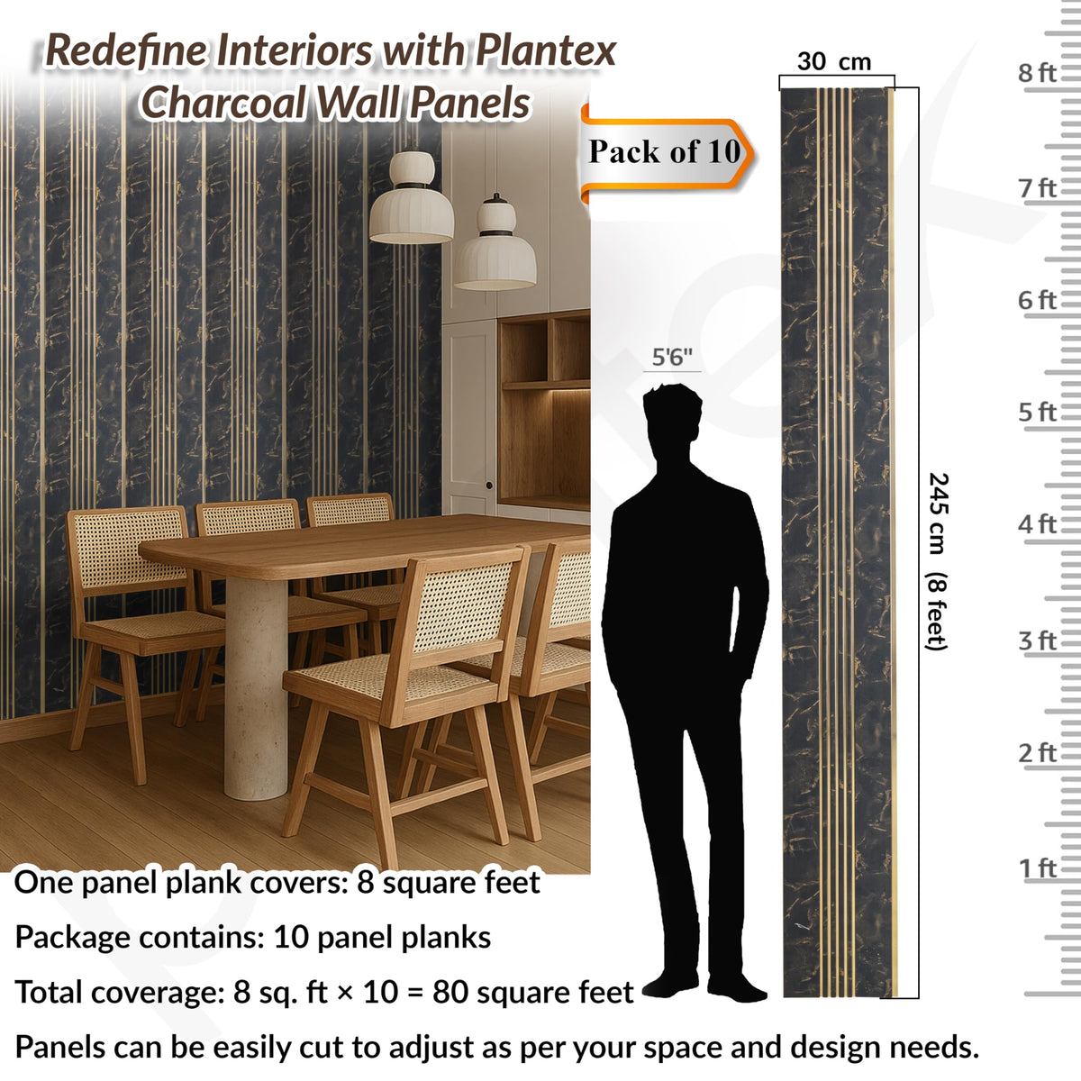 Plantex Louvers Panel for Wall/8 Feet Wall Panels/3D Charcoal Panel for Interior Walls Decor - Pack of 10 Covers - 80 Sq. Ft, Size-1 Feet x 8 Feet (YD-1207)-6