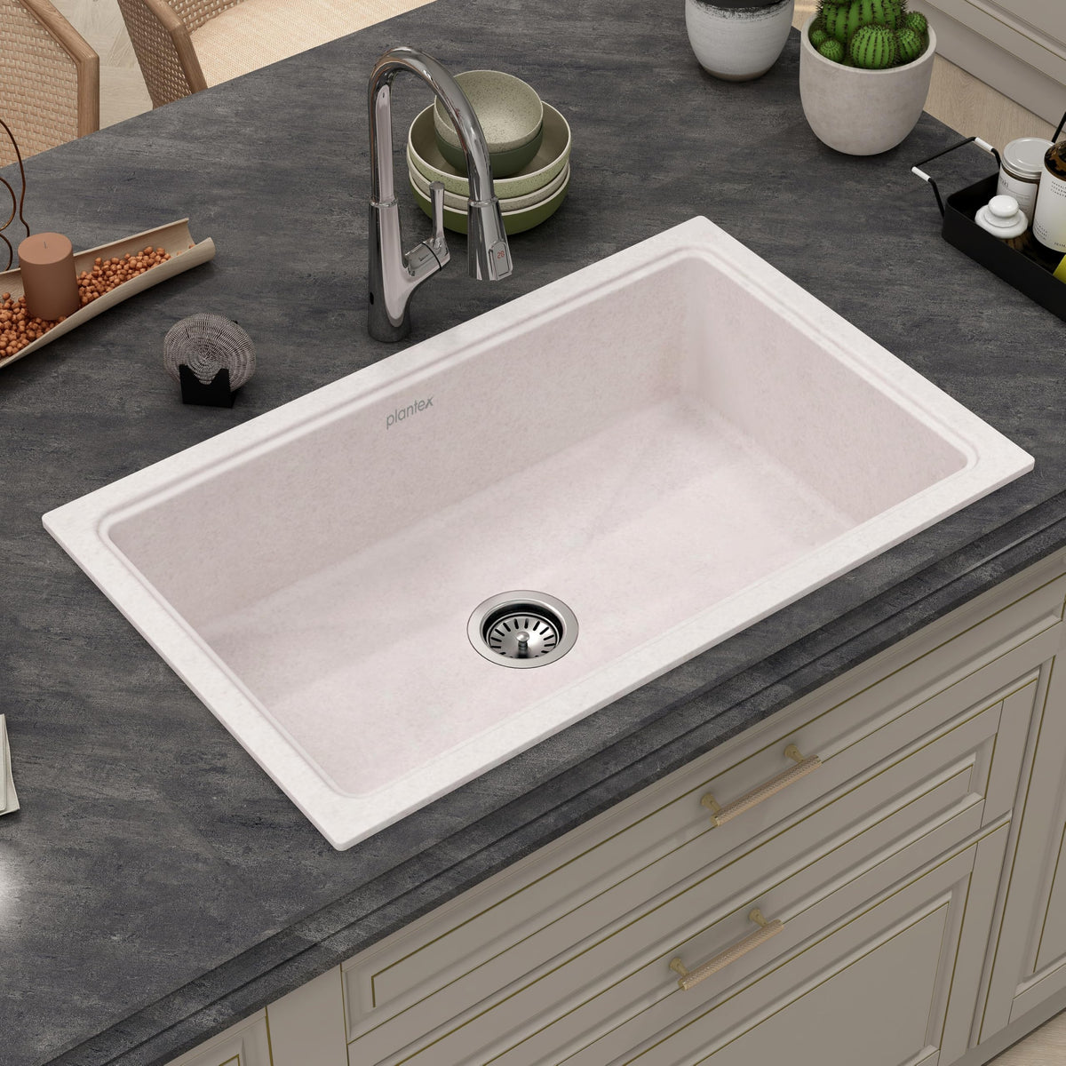 Plantex Undermount Sink for Kitchen/Quartz Acrylic Kitchen Sink with 10 Years Warranty by Plantex/Granite Single Bowl Sinks with Coupling (Rayon 32x20 Inches)